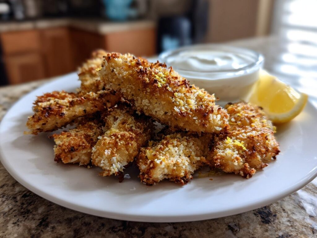 A plate of crispy Greek Chicken Tenders served with a creamy dipping sauce and a lemon wedge.