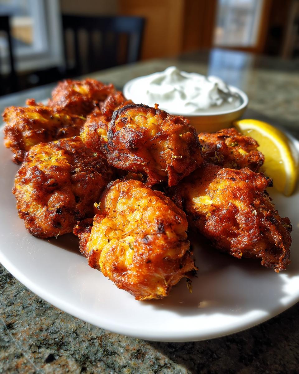 A plate of golden-brown Greek Chicken Tenders served with a creamy dipping sauce and a lemon wedge.