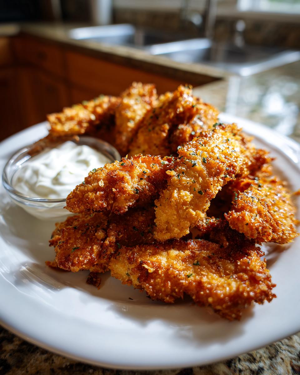 A plate of golden brown Greek Chicken Tenders served with a creamy dipping sauce.