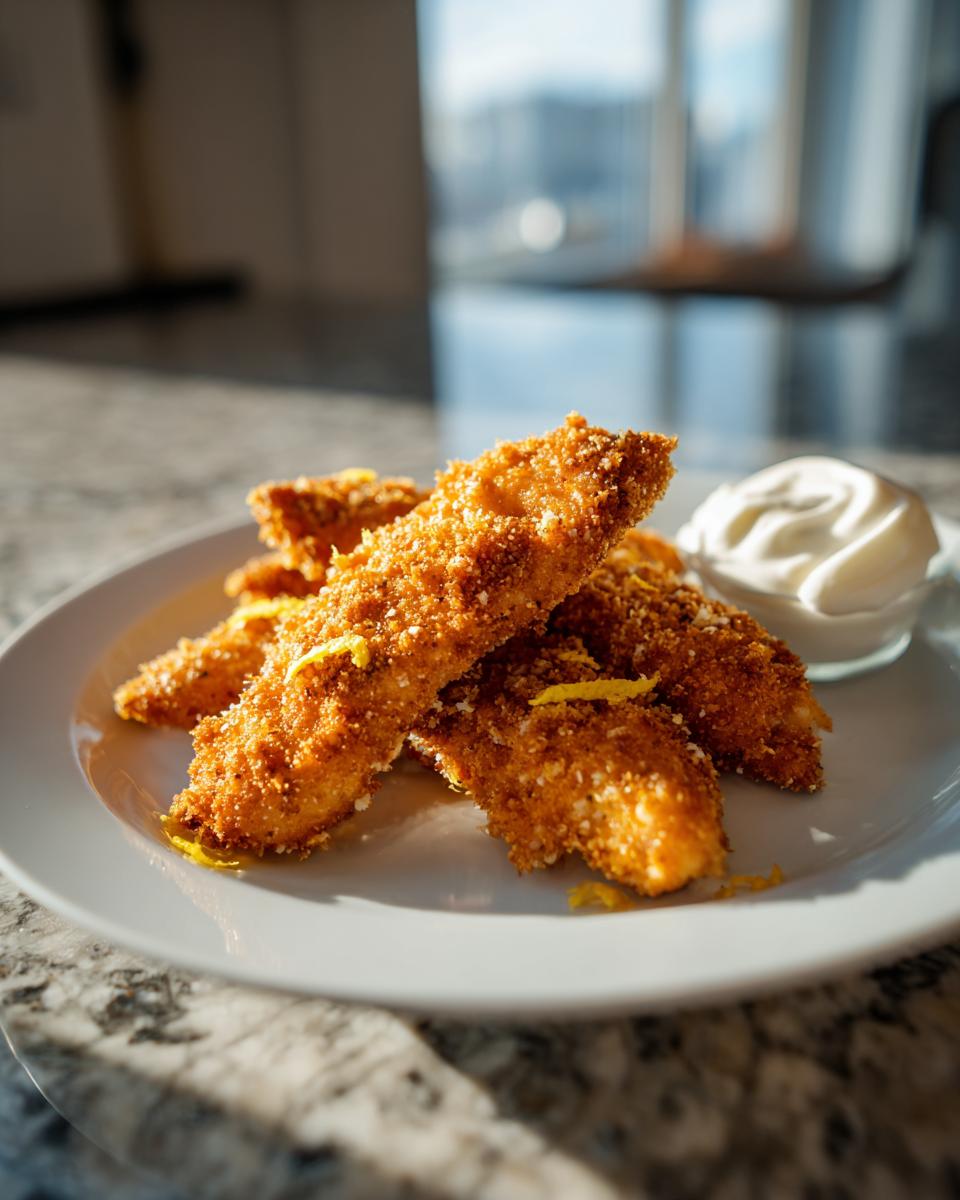 A plate of crispy Greek Chicken Tenders served with a creamy dipping sauce.
