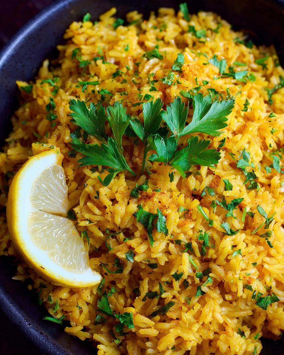 A bowl of vibrant Greek Lemon Rice garnished with fresh parsley and a lemon wedge.