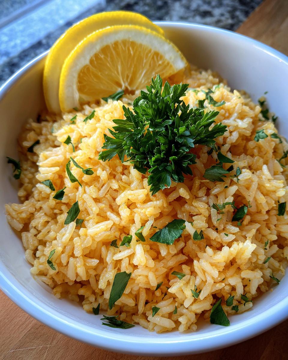 A bowl of Greek Lemon Rice garnished with fresh parsley and lemon slices.