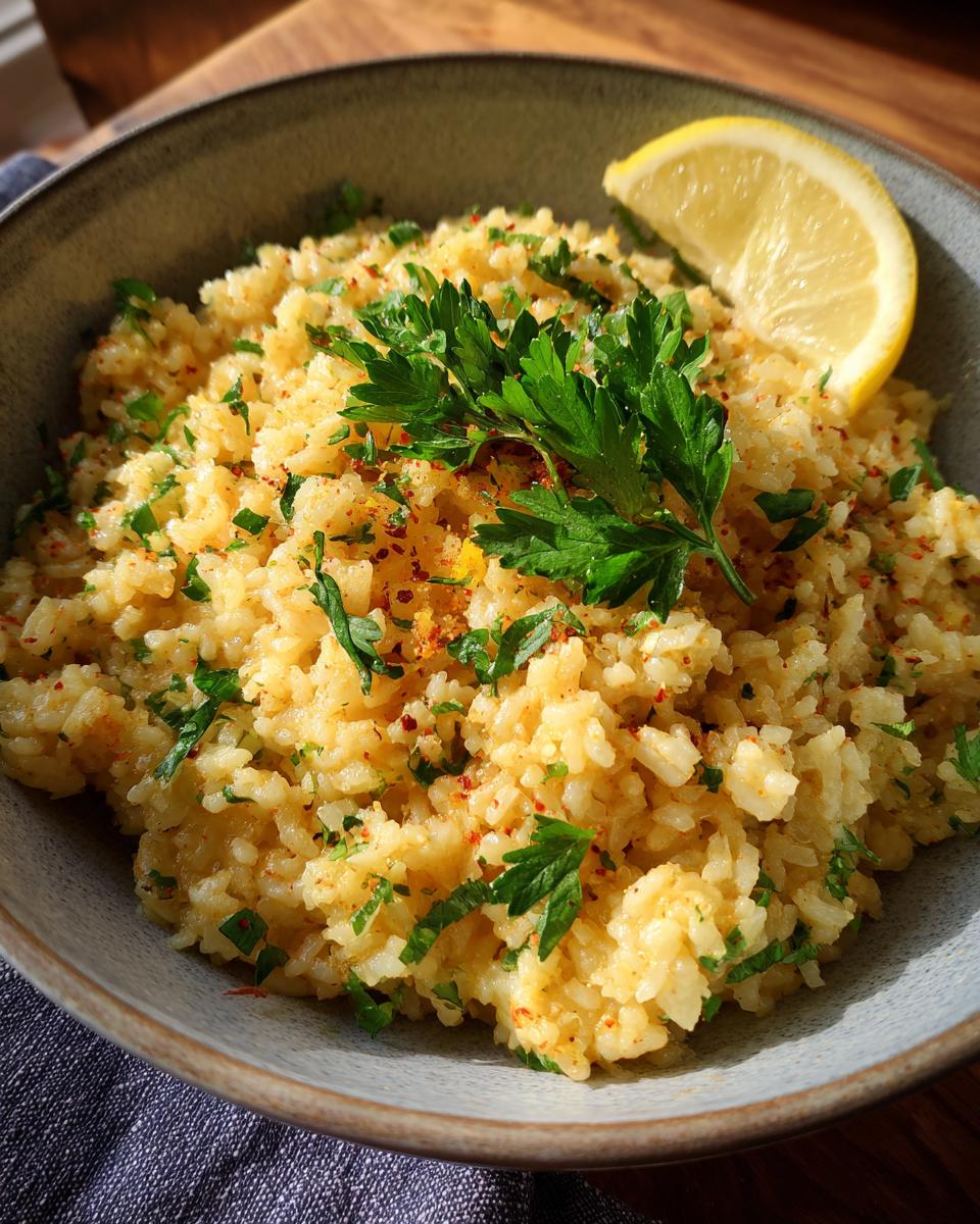 A bowl of Greek Lemon Rice garnished with fresh parsley, red pepper flakes, and a lemon wedge.