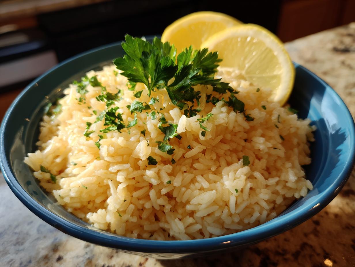 A vibrant bowl of Greek Lemon Rice, garnished with fresh parsley and lemon slices.