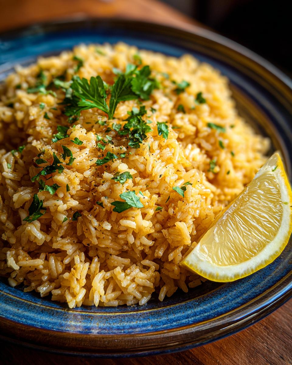A serving of Greek Lemon Rice garnished with parsley and a lemon wedge on a blue plate.