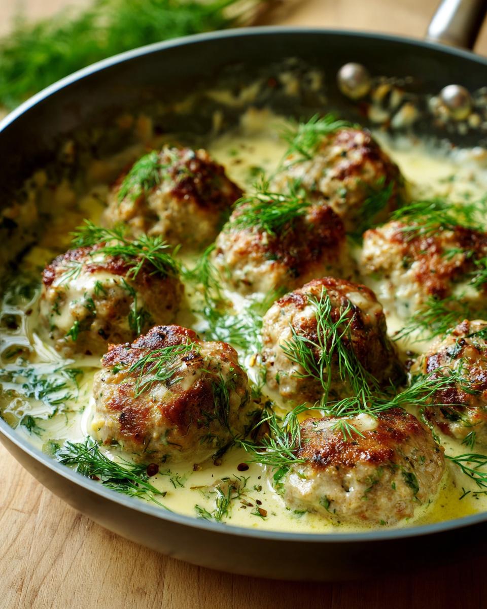 Pan of Greek Meatballs in Lemon Sauce, garnished with fresh dill. Ready to serve.