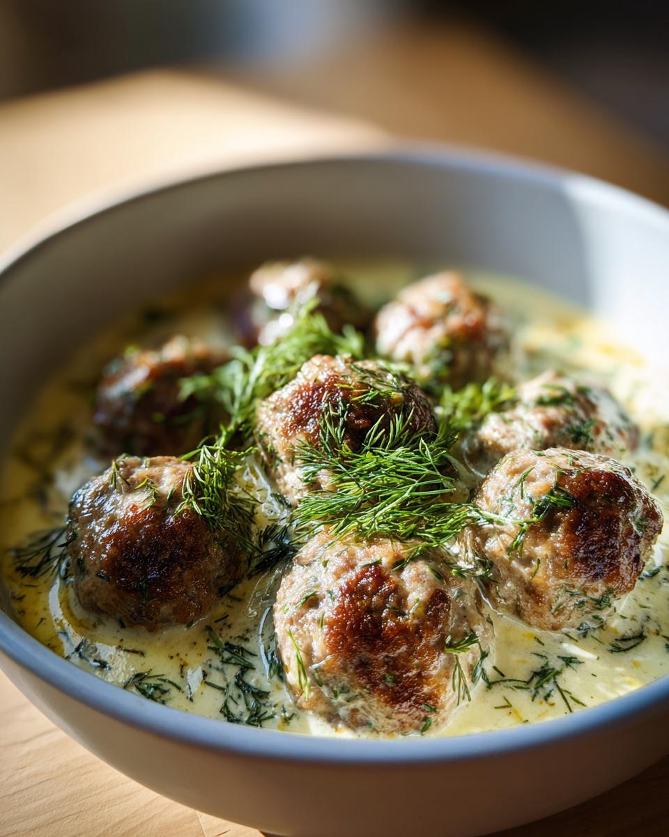 A bowl of delicious Greek Meatballs in Lemon Sauce, garnished with fresh dill.