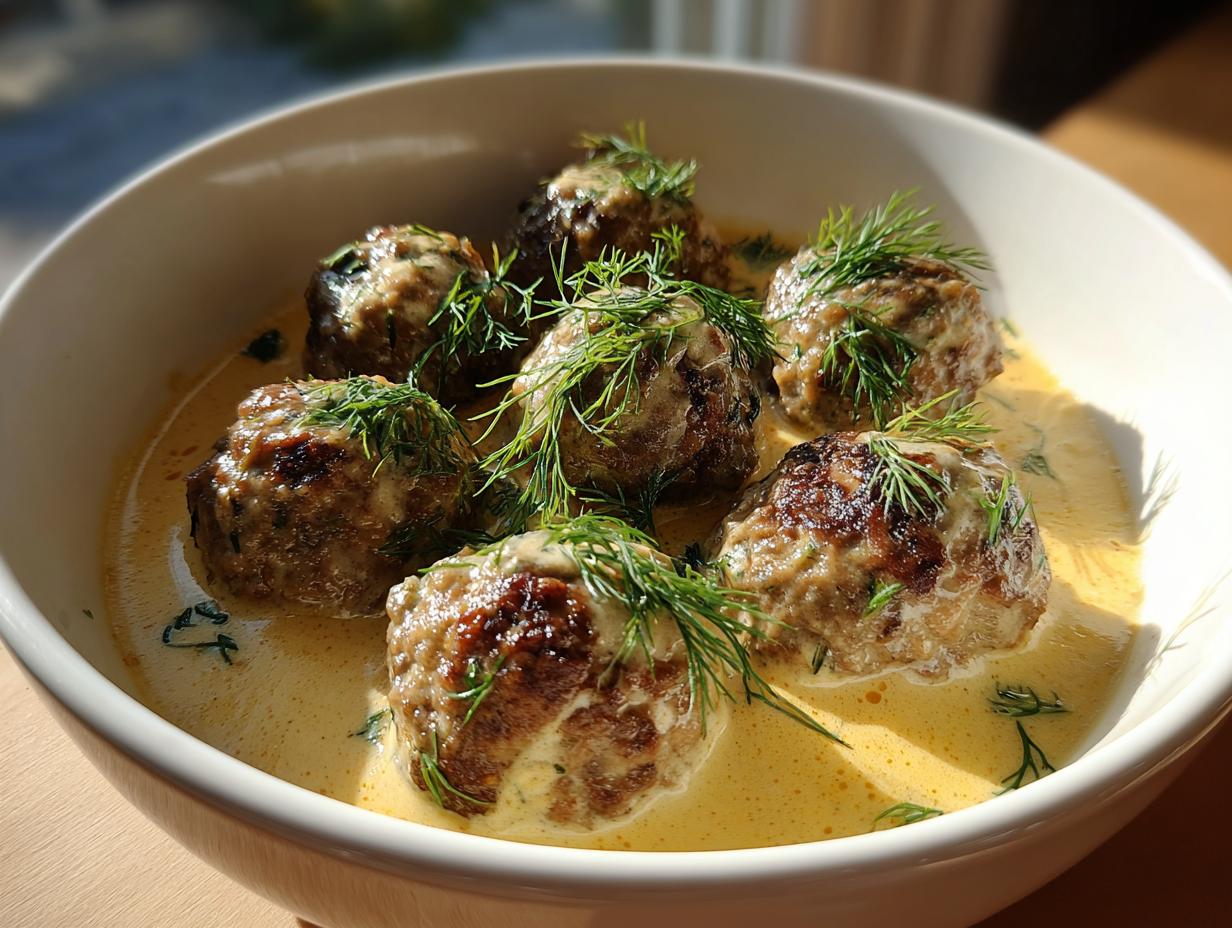 A bowl of delicious Greek Meatballs in Lemon Sauce, garnished with fresh dill.