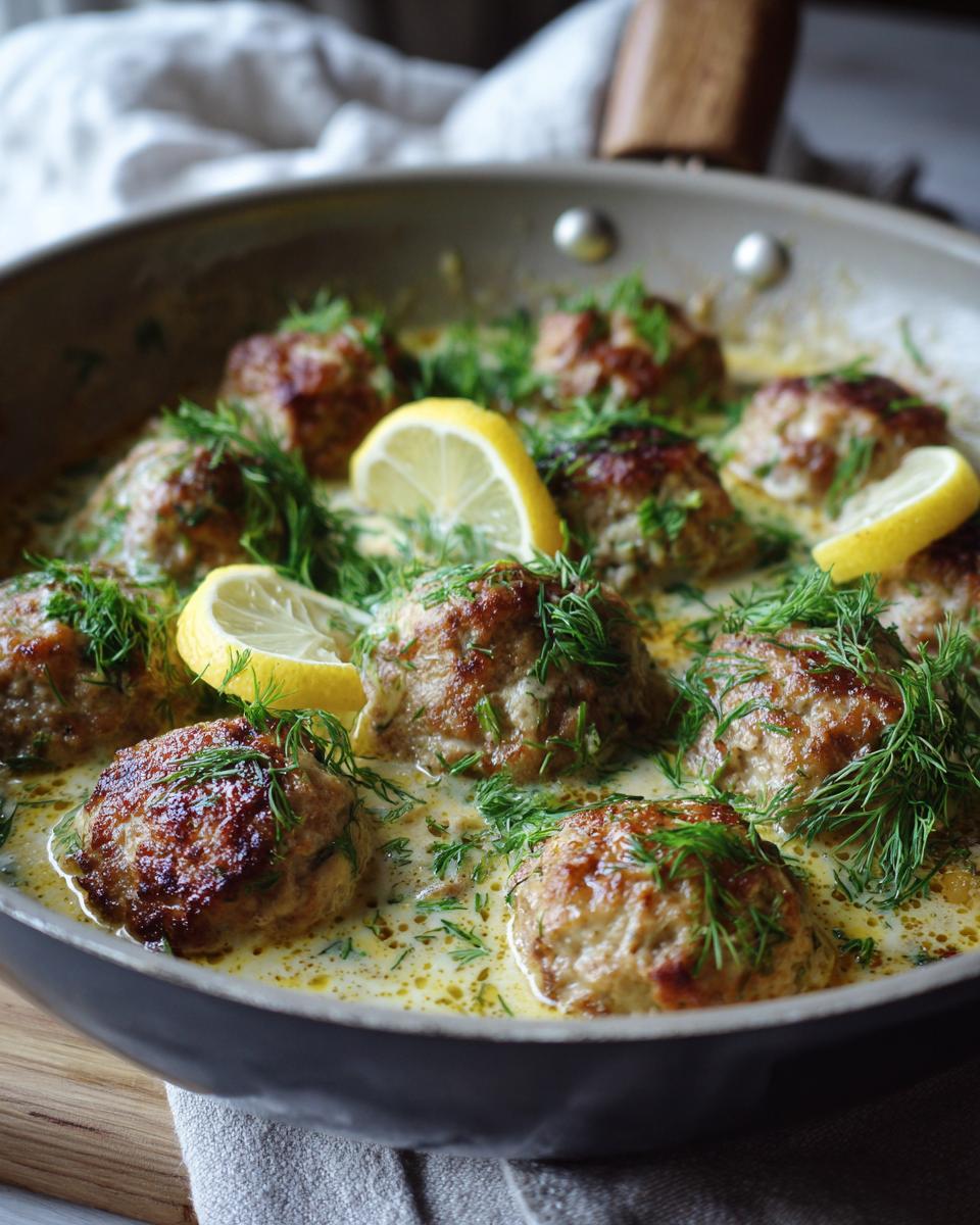 Pan of Greek Meatballs in Lemon Sauce garnished with dill and lemon wedges.