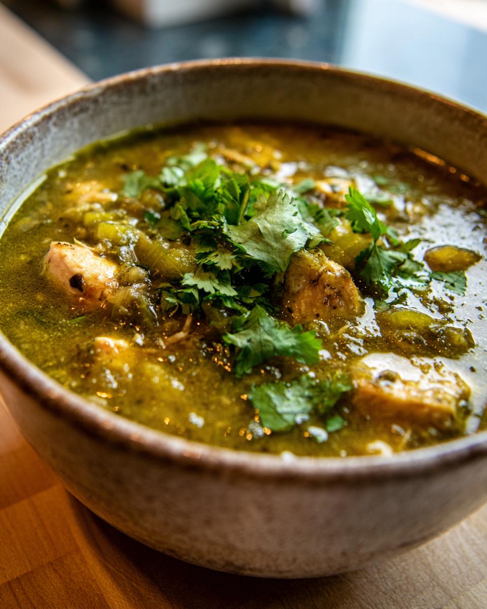 Close-up of Green Enchilada Chicken Soup in a bowl, garnished with cilantro.
