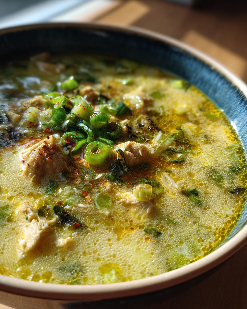 A close-up of Green Enchilada Chicken Soup in a blue bowl, garnished with green onions and spices.