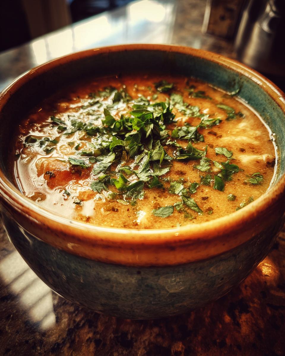 A bowl of Green Enchilada Chicken Soup, garnished with fresh herbs.