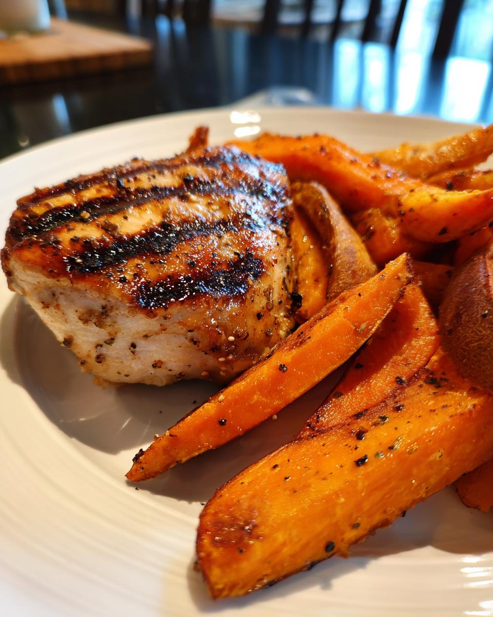 A plate of delicious Grilled Chicken & Sweet Potato wedges, seasoned and ready to eat.