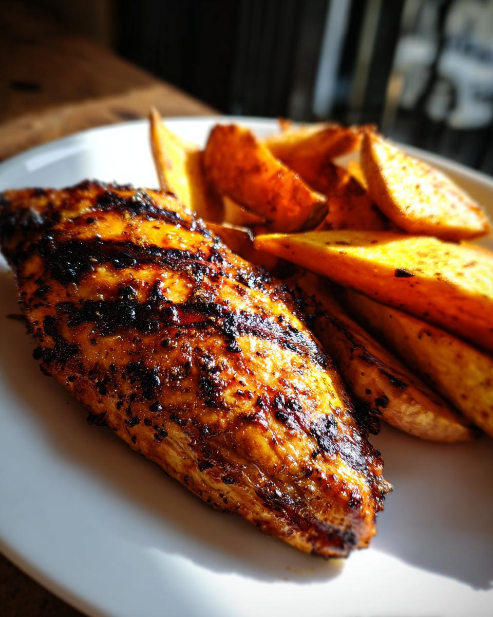 A plate of grilled chicken and sweet potato wedges, showing grill marks and vibrant colors.