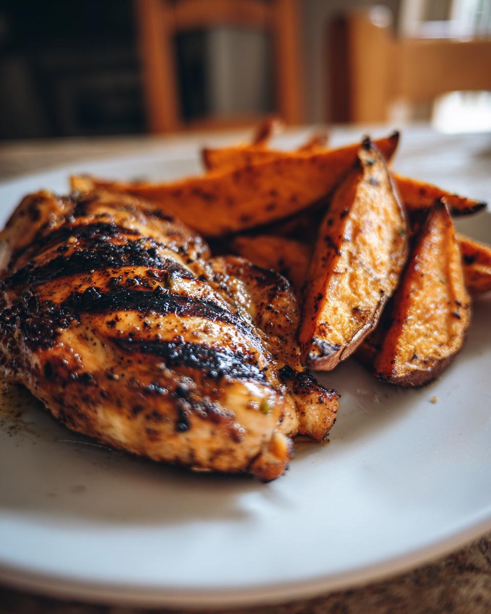 Close-up of grilled chicken breast served with sweet potato wedges on a white plate. Delicious Grilled Chicken & Sweet Potato meal.
