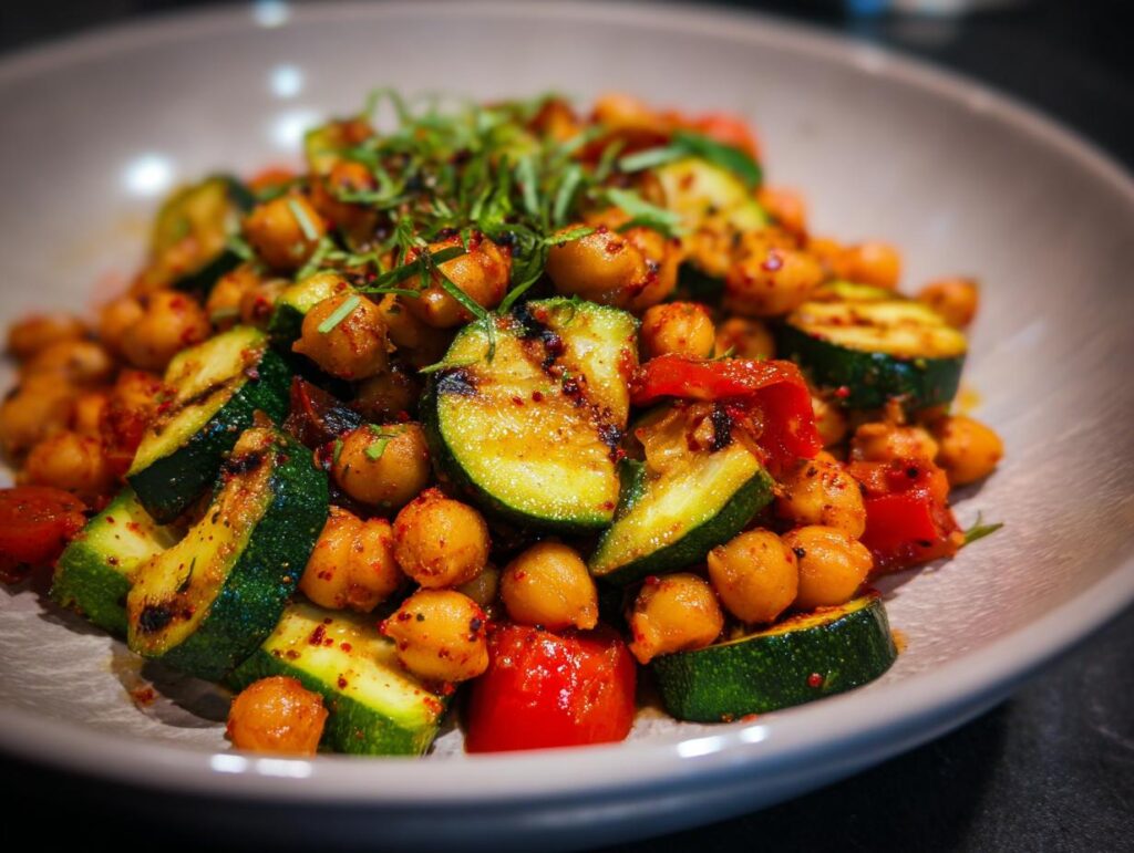 Close-up of Grilled Zucchini Chickpea Salad in a bowl, featuring zucchini, chickpeas, and red peppers.