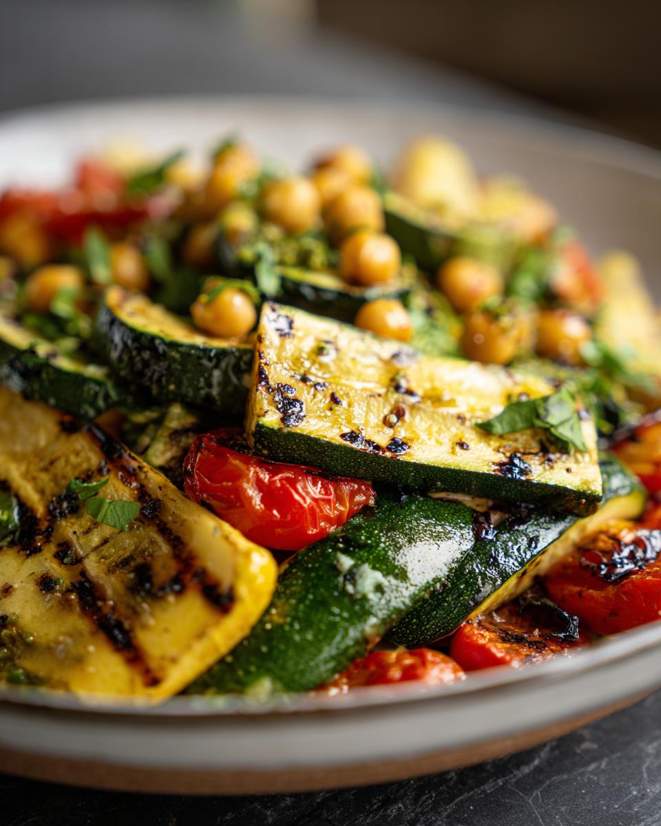Close-up of Grilled Zucchini Chickpea Salad featuring grilled zucchini, tomatoes, and chickpeas.