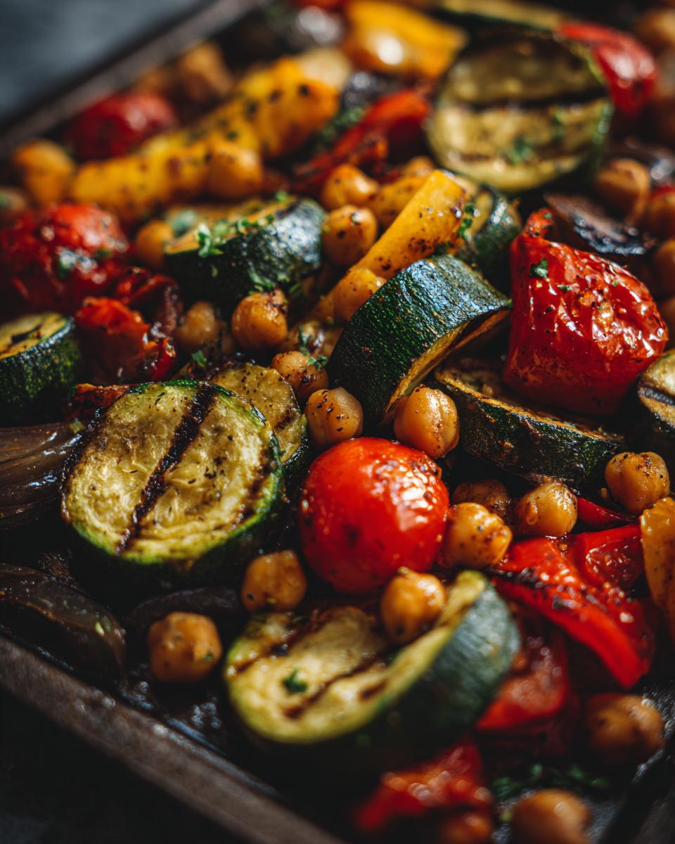 Close-up of Grilled Zucchini Chickpea Salad with zucchini, tomatoes, peppers, and chickpeas on a dark tray.