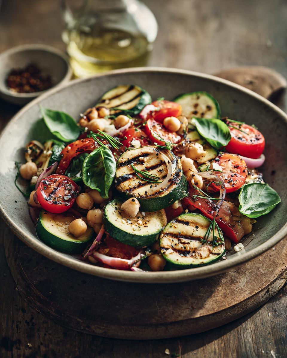 A colorful bowl of Grilled Zucchini Chickpea Salad with tomatoes, basil, and red onion.