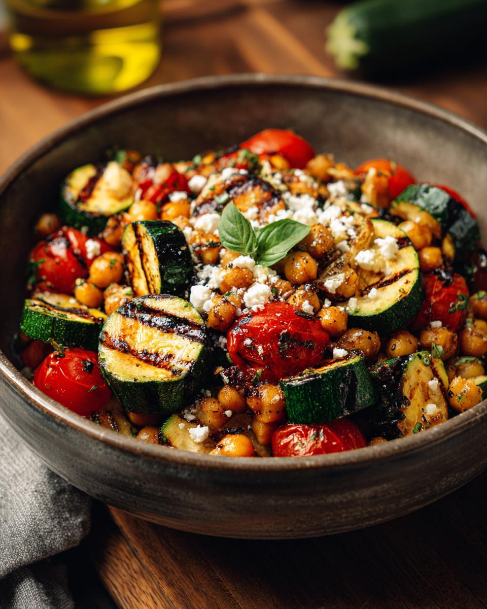 Close-up of Grilled Zucchini Chickpea Salad in a bowl, featuring grilled zucchini, chickpeas, tomatoes, and feta.
