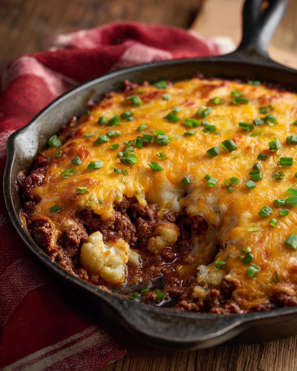 Close-up of a Ground Beef Cauliflower Skillet in a cast iron pan, topped with melted cheese and green onions.