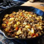 Close-up of a Ground Beef Cauliflower Skillet with carrots and onions in a cast iron pan.