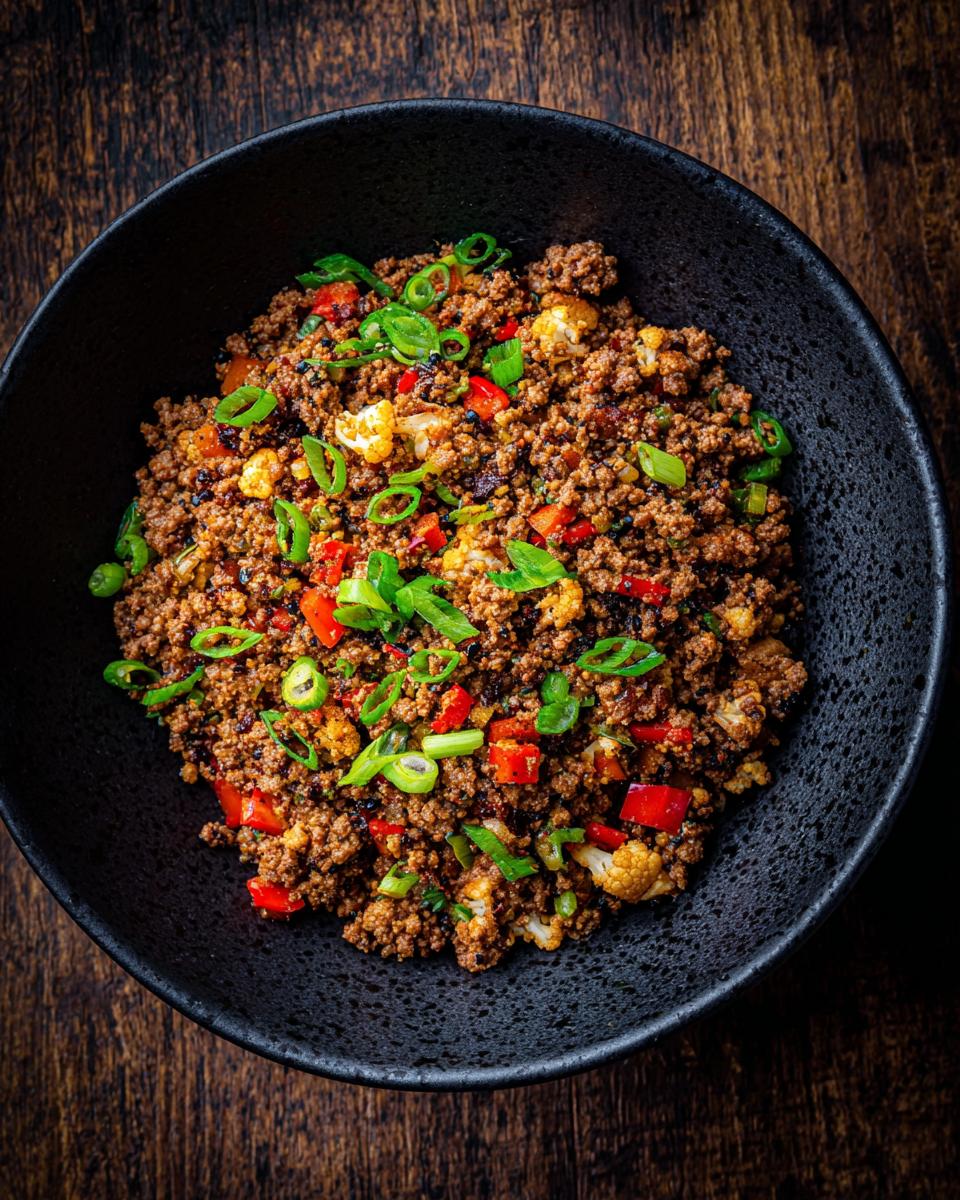 Overhead view of Ground Beef Cauliflower Skillet in a black bowl, garnished with sliced green onions and red peppers.