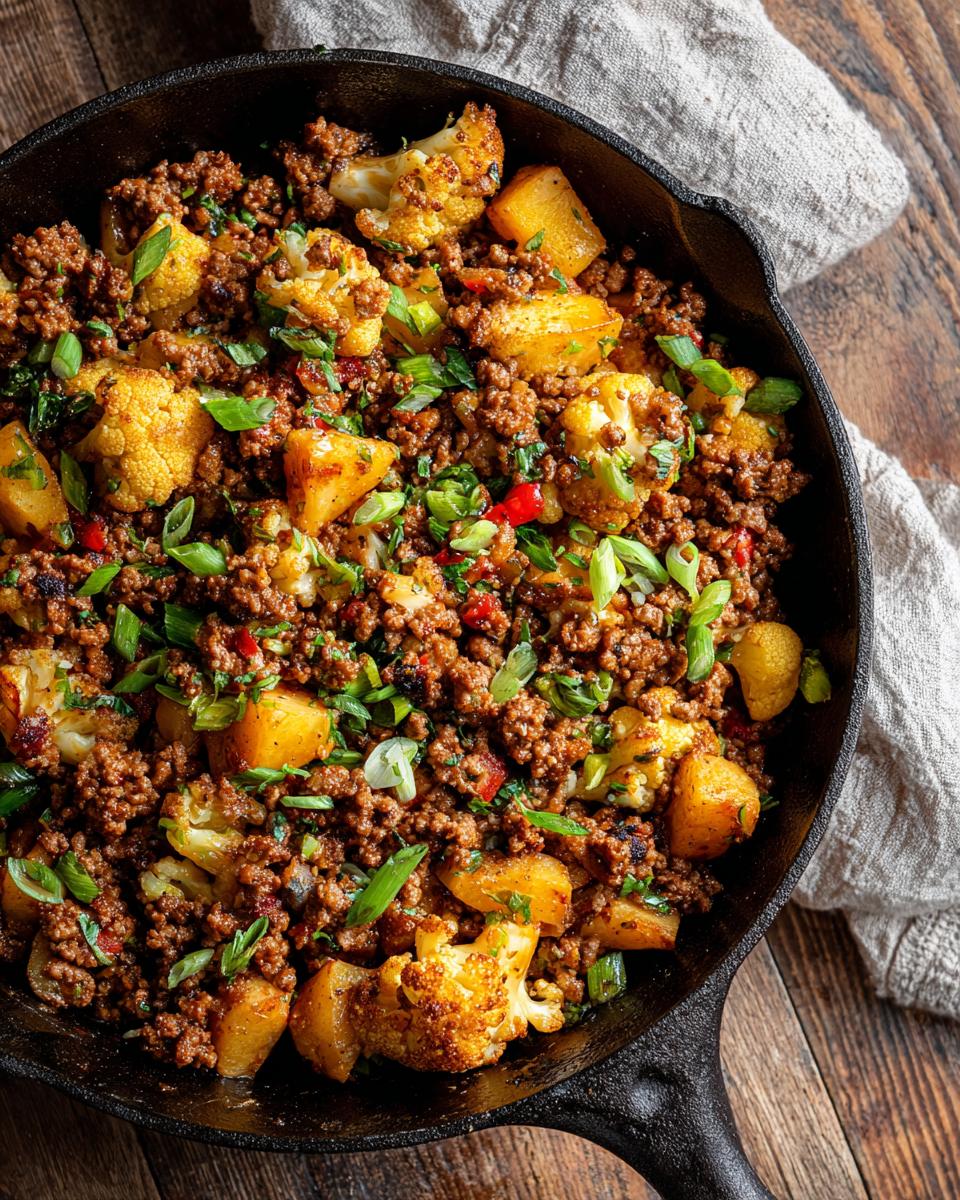 Overhead view of Ground Beef Cauliflower Skillet in a cast iron pan, garnished with green onions.