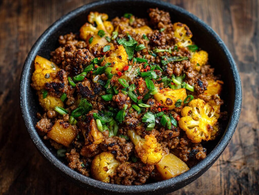 A bowl of Ground Beef Cauliflower Skillet, garnished with fresh herbs on a wooden surface.