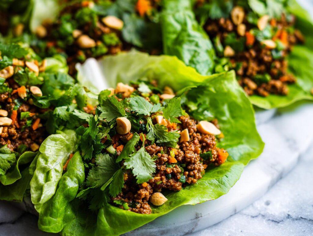 Close-up of vibrant ground beef lettuce wraps topped with fresh herbs and peanuts.