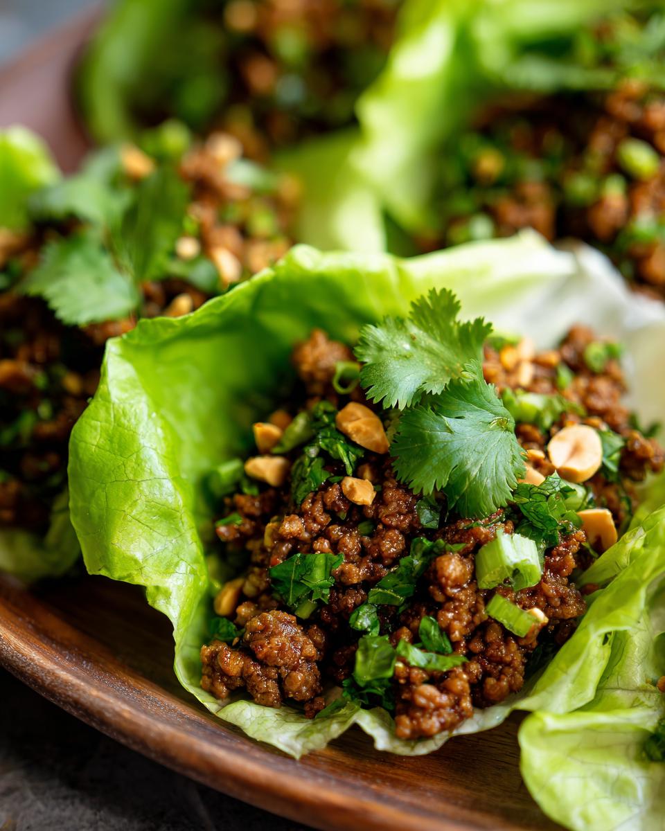 Close-up of flavorful Ground Beef Lettuce Wraps with fresh herbs and chopped peanuts.