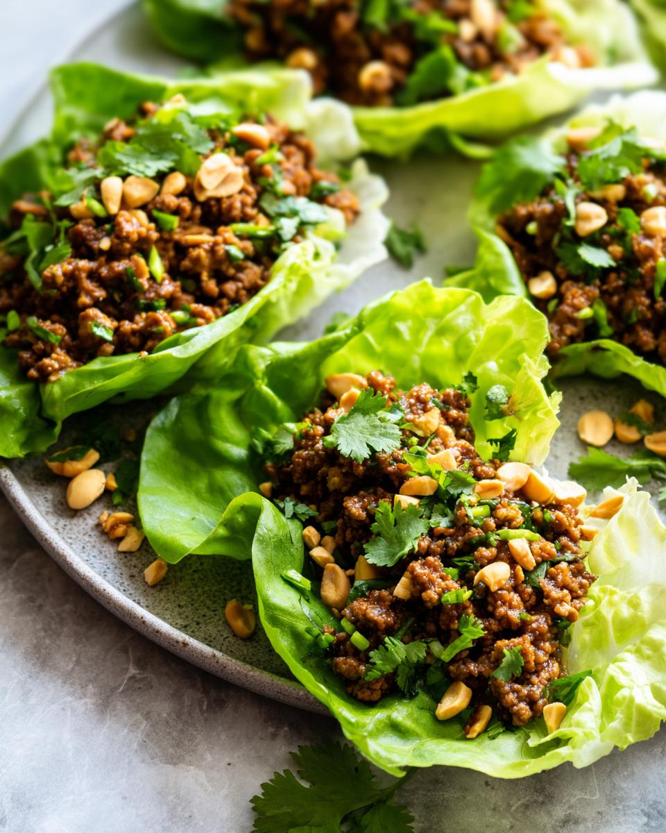 Close-up of several Ground Beef Lettuce Wraps garnished with cilantro and peanuts on a gray plate.