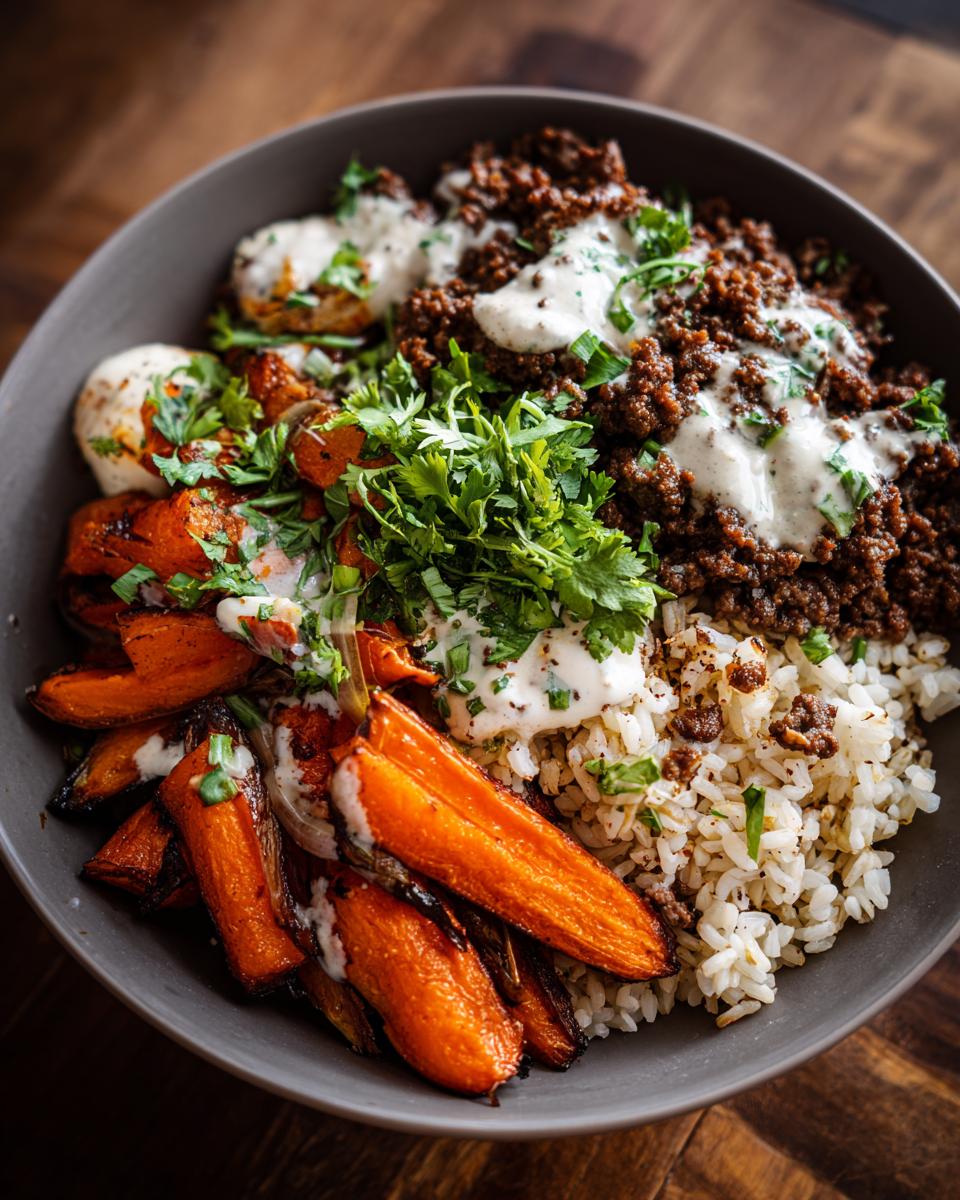 Overhead shot of a Ground Beef Protein Bowl with rice, carrots, cauliflower, ground beef, and a creamy sauce.