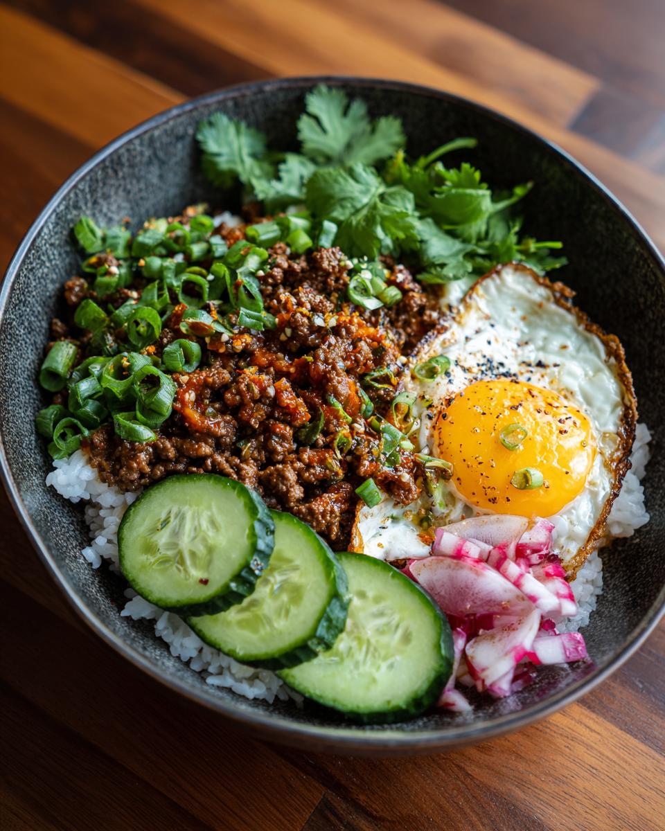 Overhead shot of a Ground Beef Protein Bowl with rice, ground beef, fried egg, cucumbers, and pickled radishes.
