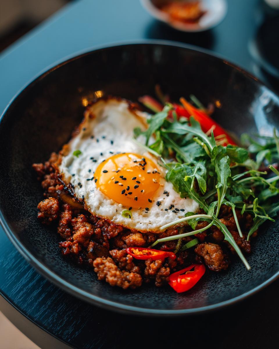 A delicious Ground Beef Protein Bowl topped with a fried egg, greens, and chili peppers.