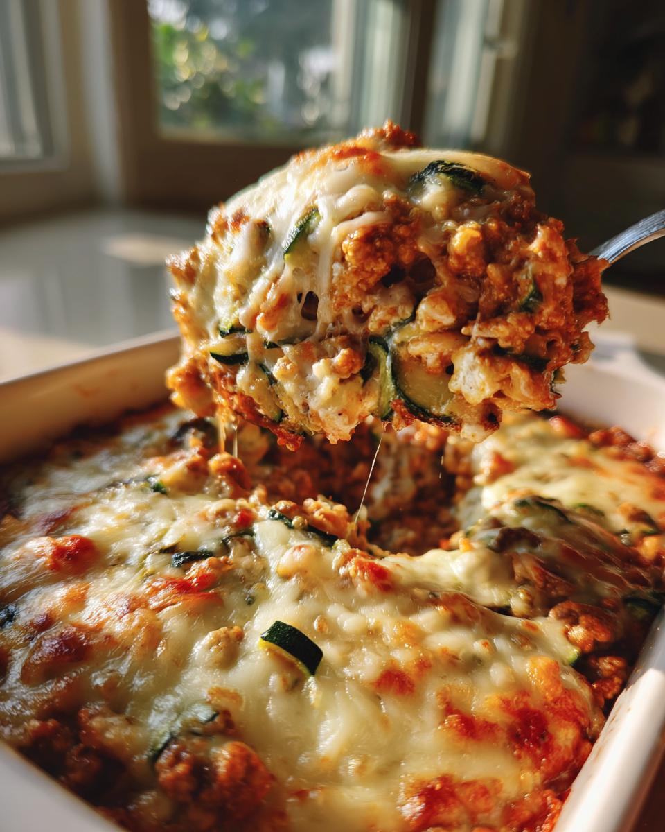A spoonful of Ground Turkey Zucchini Casserole being lifted, showing layers of zucchini, turkey, and melted cheese.