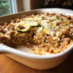 A partially-eaten Ground Turkey Zucchini Casserole in a white baking dish, showing the layers of rice, meat, and zucchini.