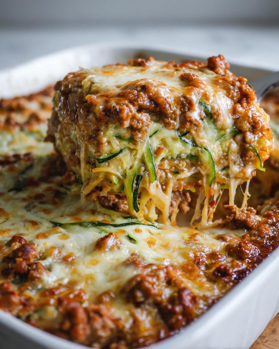 A slice of Ground Turkey Zucchini Casserole being lifted, showing layers of zucchini, meat, and melted cheese.