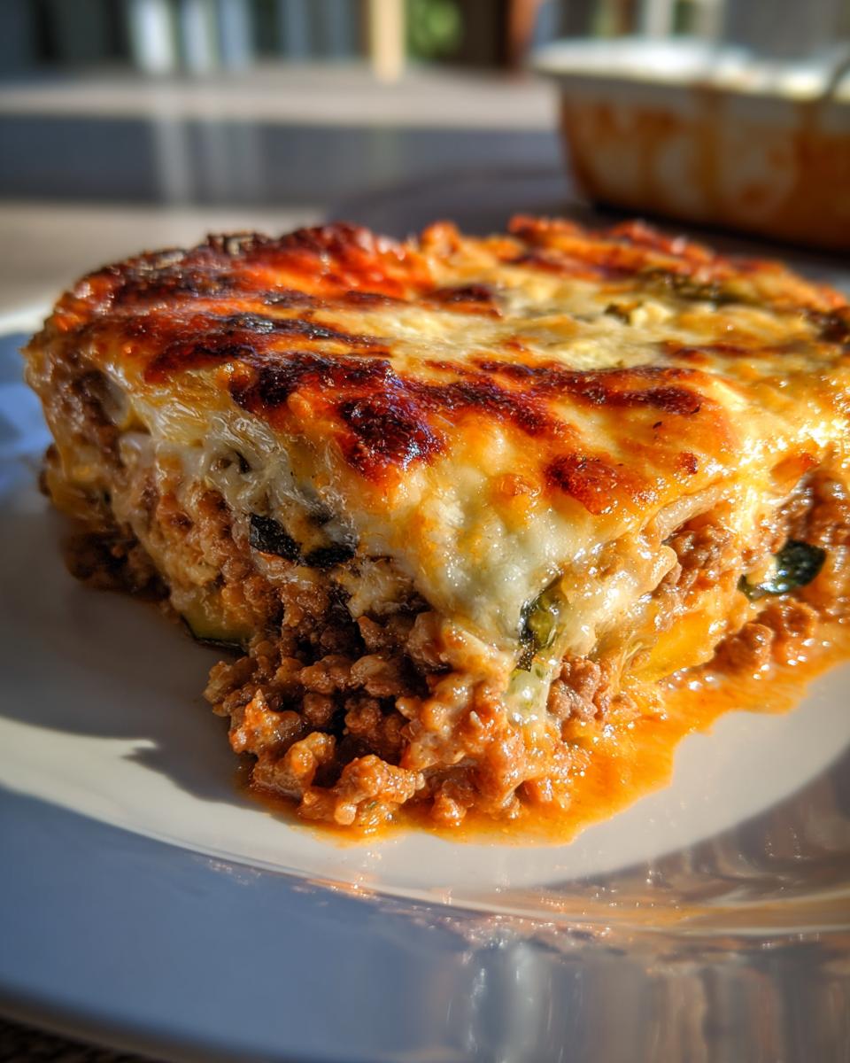 A slice of Ground Turkey Zucchini Casserole with melted cheese on a white plate.