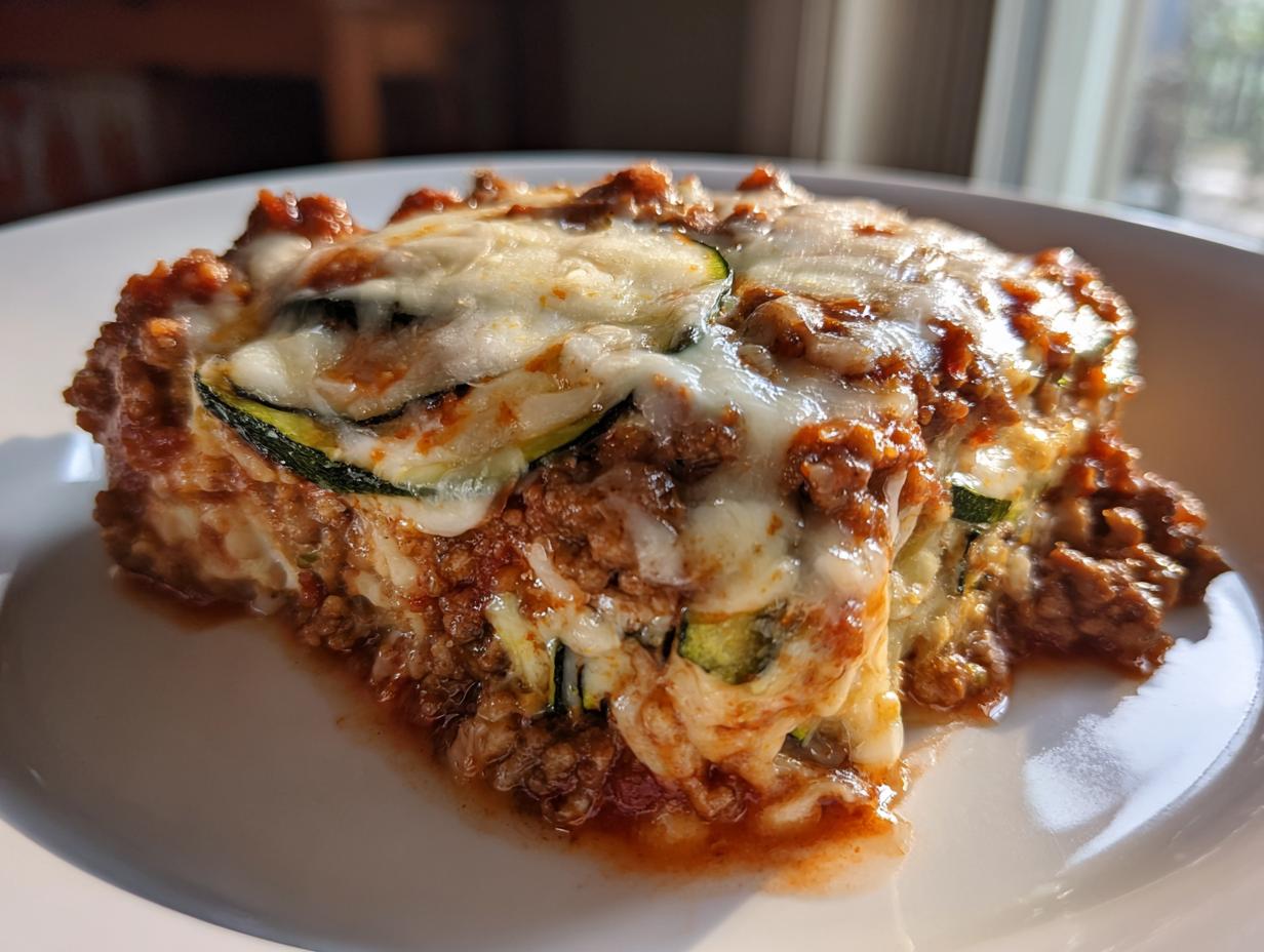 A slice of Ground Turkey Zucchini Casserole with layers of zucchini, ground turkey, cheese, and tomato sauce.