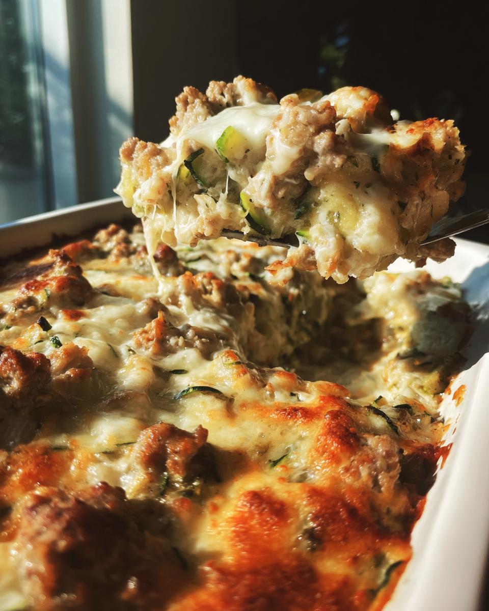 A spoonful of Ground Turkey Zucchini Casserole being lifted, showing zucchini and melted cheese.