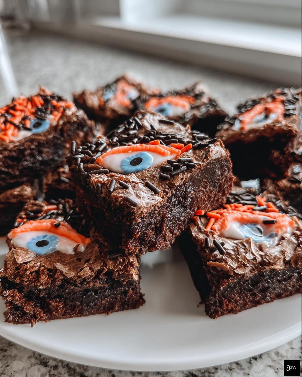 A plate of fudgy Halloween brownies decorated with candy eyes and sprinkles for a spooky treat.