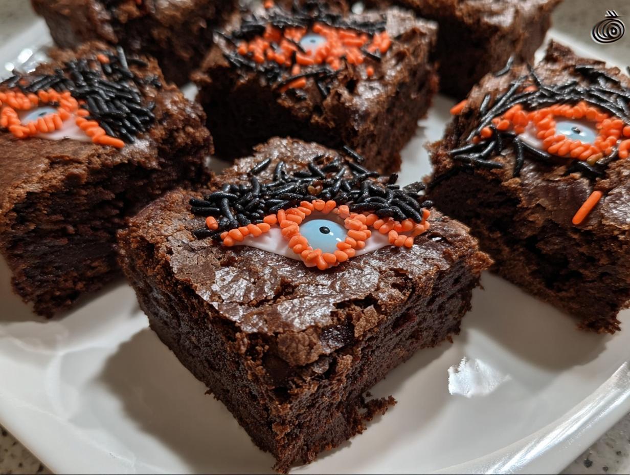 Close-up of Halloween brownies decorated with edible candy eyes, orange sprinkles, and black sprinkles.