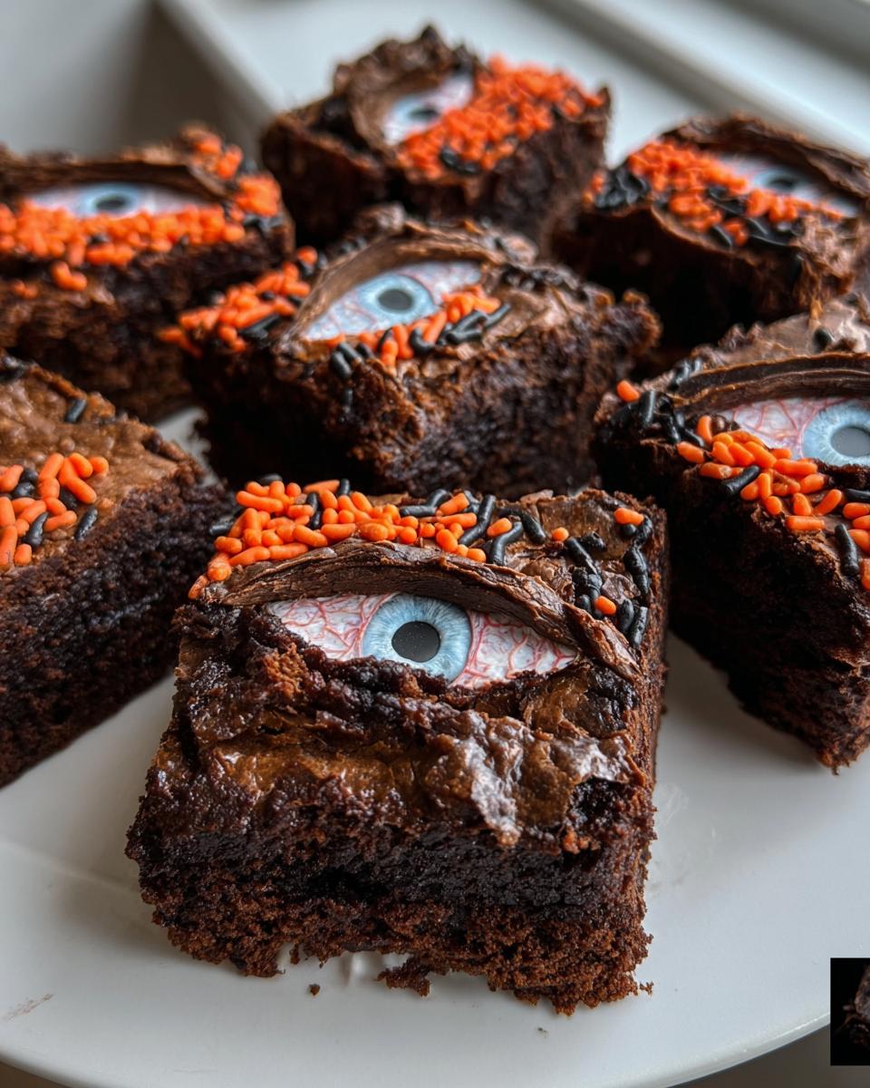 Fudgy Halloween brownies decorated with chocolate frosting, orange and black sprinkles, and a candy eyeball.