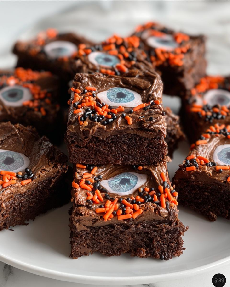 Stack of fudgy Halloween brownies decorated with chocolate frosting, sprinkles, and candy eyeballs.