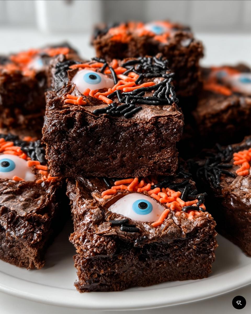 Close-up of fudgy Halloween brownies decorated with candy eyeballs and orange and black sprinkles.