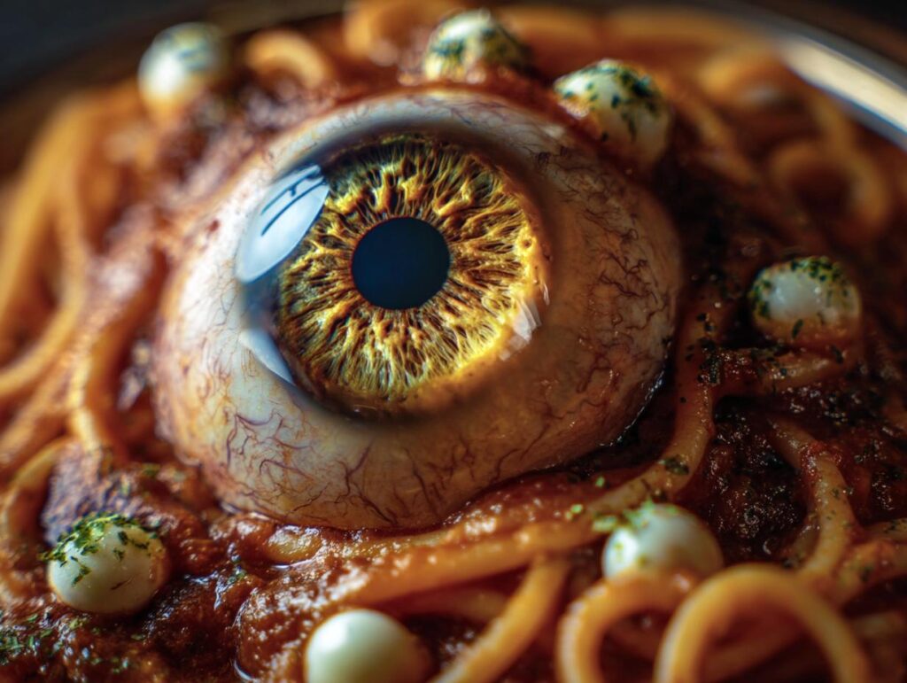 A close-up of Halloween Pasta Mozzarella Eyeballs, featuring a large eyeball and smaller mozzarella eyeballs in tomato sauce.