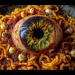 A spooky Halloween Pasta Mozzarella Eyeballs Recipe dish with a large eyeball and small mozzarella eyeballs.
