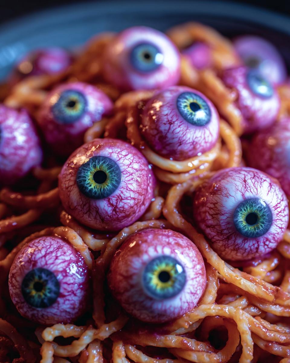 Close-up of Halloween Pasta Mozzarella Eyeballs Recipe, featuring pasta and spooky mozzarella eyeballs.