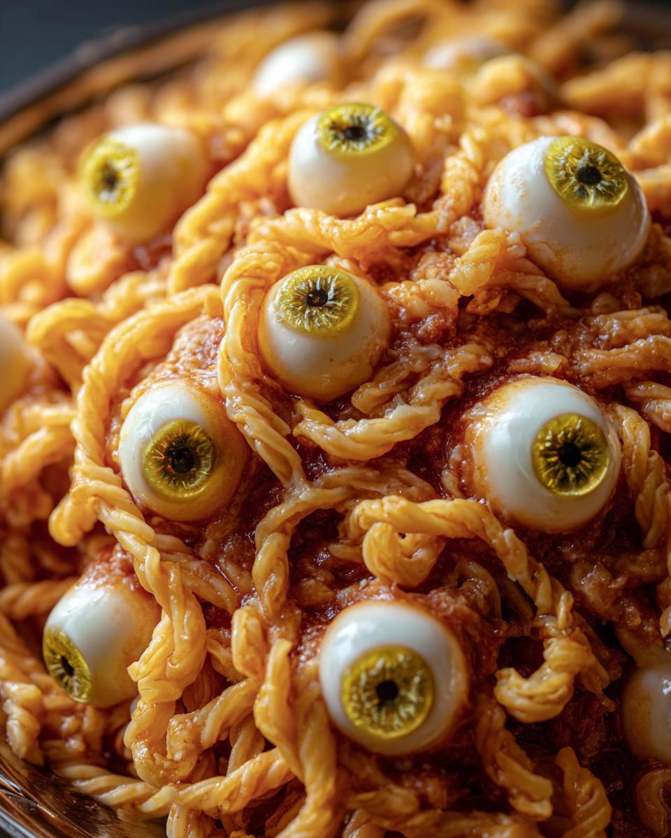 Close-up of Halloween Pasta Mozzarella Eyeballs recipe, featuring pasta with tomato sauce and mozzarella eyeballs.
